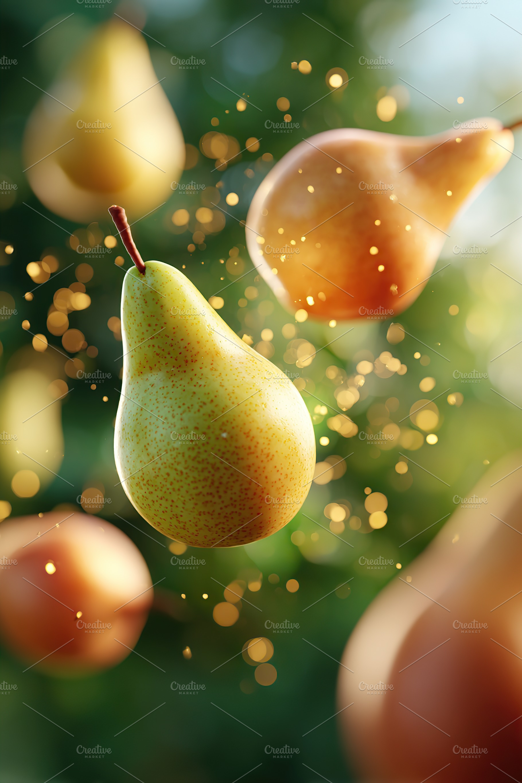 Floating apples and pears in a vibrant, garden-like setting during a sunny day, a Photo by AlyaAnd