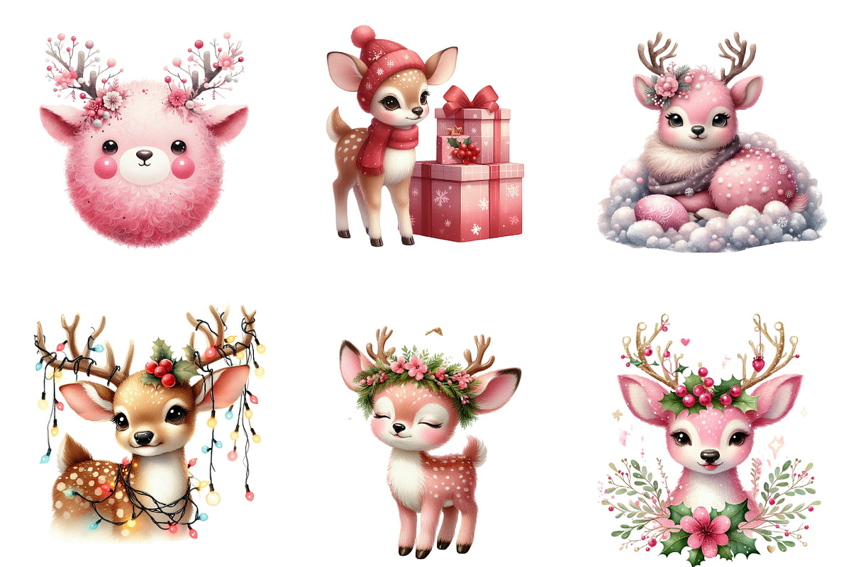 Watercolor Cute Pink Reindeer Clipar, an Illustration by SinaCreation (Photo 5 of 7)