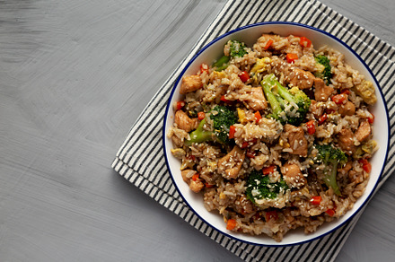 Homemade Chicken Teriyaki Fried Rice on a Plate, top view. Copy, a Food & Drink Photo by LiudmylaChuhunova