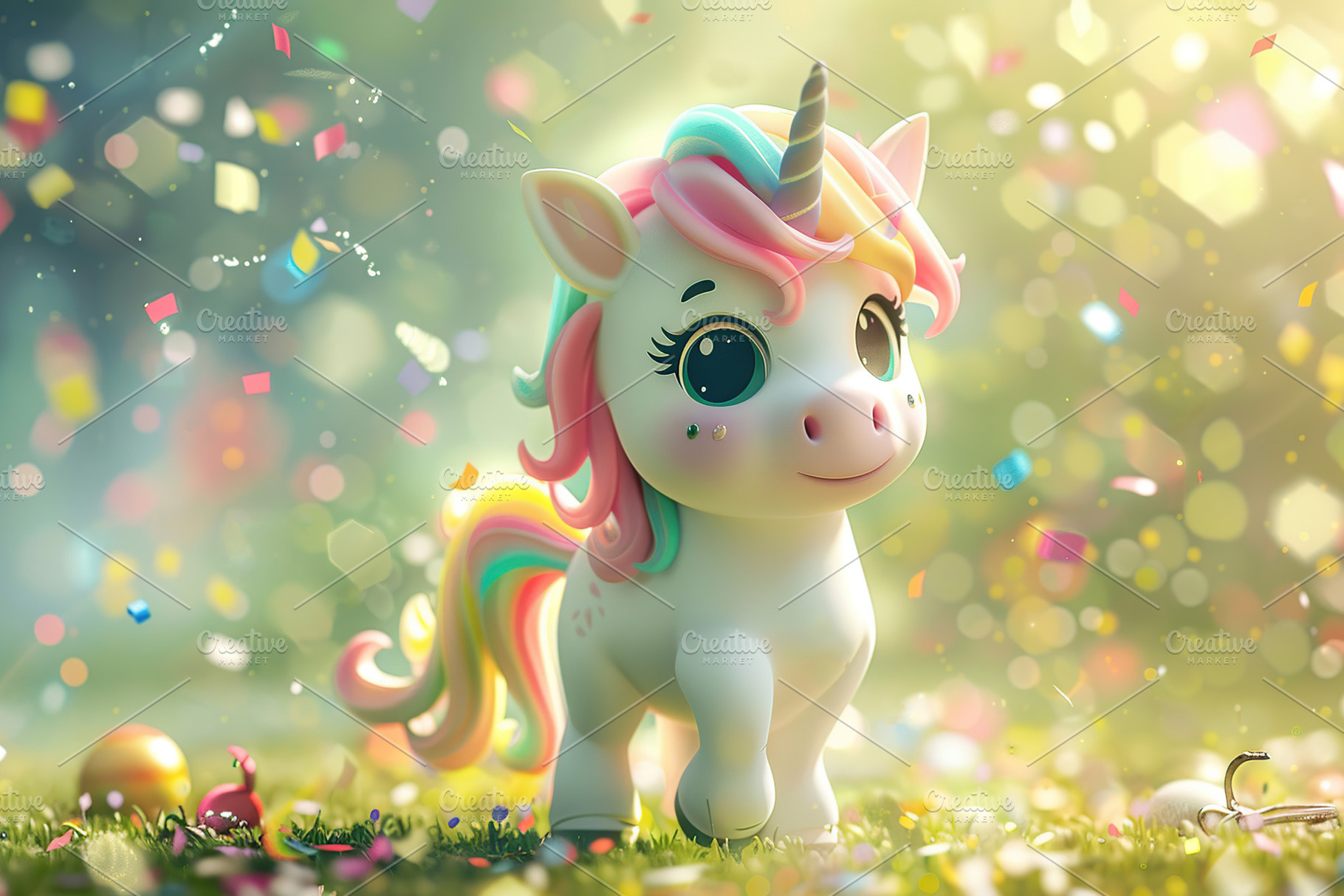 Illustration of cute baby unicorn on blurred confetti background, a Photo by AlyaAnd