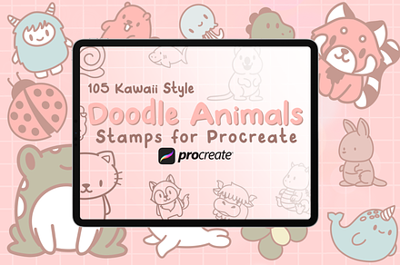 Procreate Stamps - Kawaii Animals, a Brush Add-On by HalieKStudio