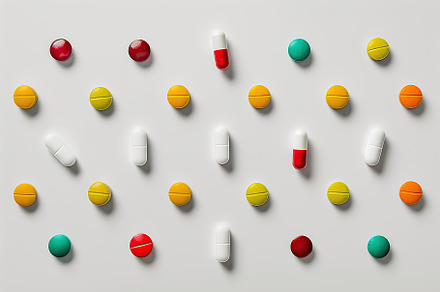 Colorful medicine pills on white background, a Health & Medical Photo by AlyaAnd