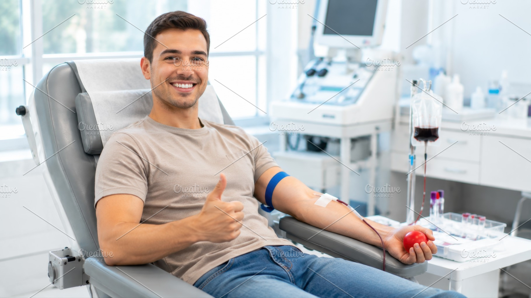 Man donates blood and smiles happily, a Photo by Beautiful things