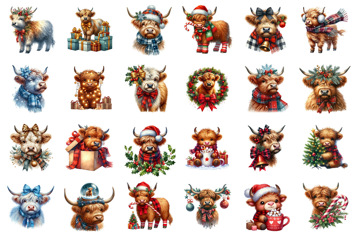 Cute Christmas Highland Cow Clipart, an Illustration by SinaCreation (Photo 2 of 7)