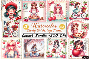 Cherry Girl Postage Stamps, an Illustration by DreamCafeArt