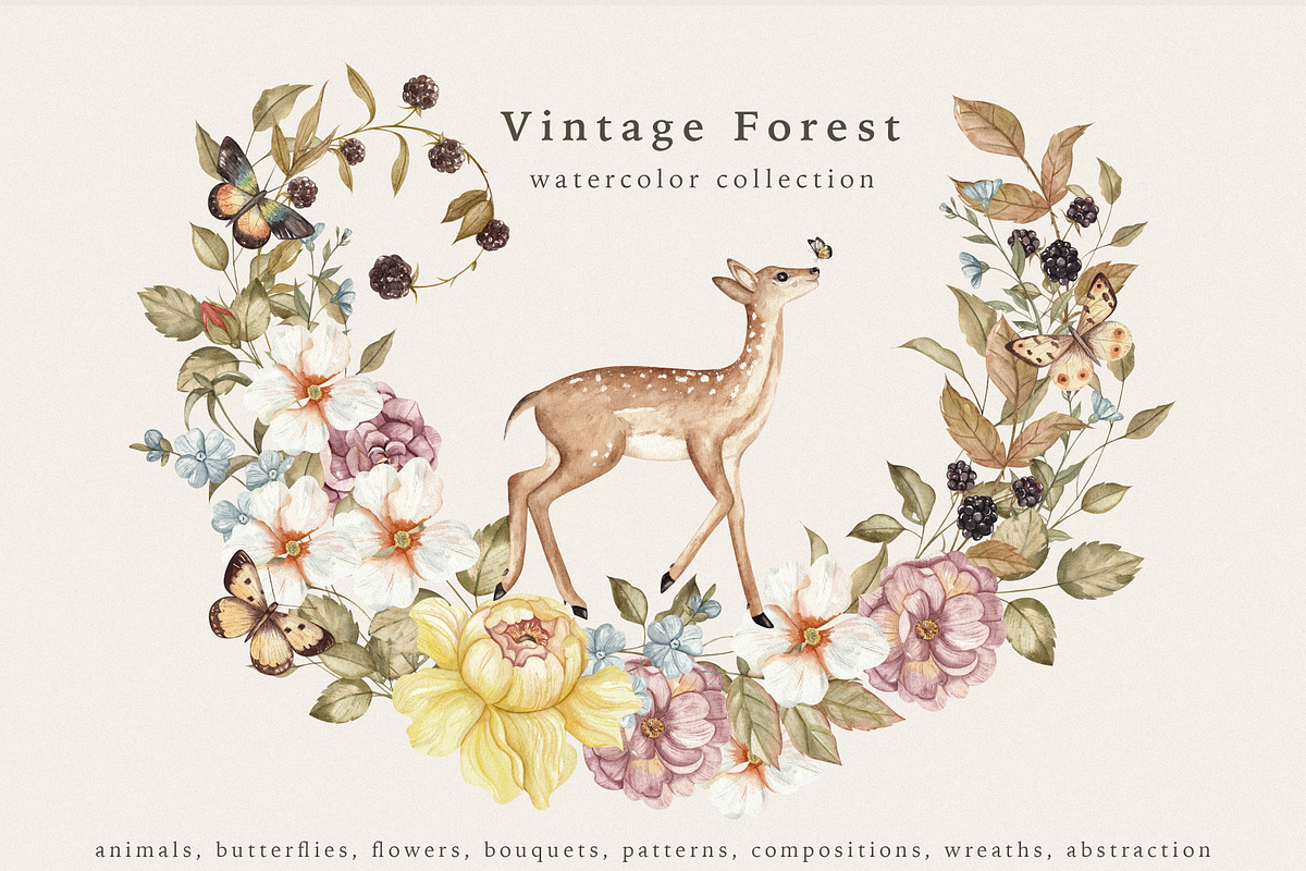 Vintage Forest. Watercolor clipart, an Animal Illustration by Ooh Lily (Photo 1 of 22)