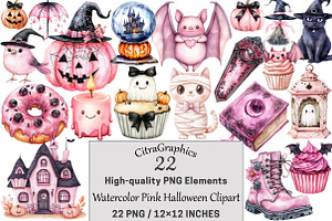 Watercolor Pink Halloween Clipart, a Seasonal Illustration by CitraGraphics