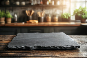 Empty slate serving board on a rustic kitchen table, surrounded by greenery and, a Background Photo by ImageMir