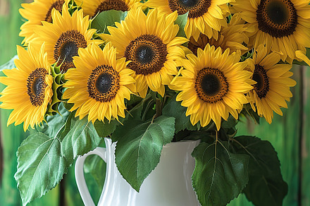 Bright sunflowers arranged in a white ceramic vase against a rustic wooden back, a Nature Photo by AlyaAnd