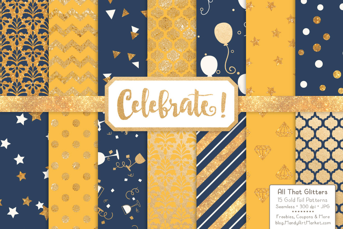 Navy & Lemon Gold Foil Digital Paper, a Pattern Graphic by Amanda Ilkov (Photo 1 of 4)