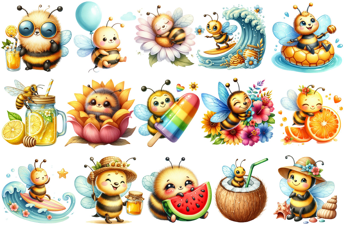 Watercolor Summer Cute Bee Clipart, an Illustration by Sublimation Artist (Photo 2 of 6)