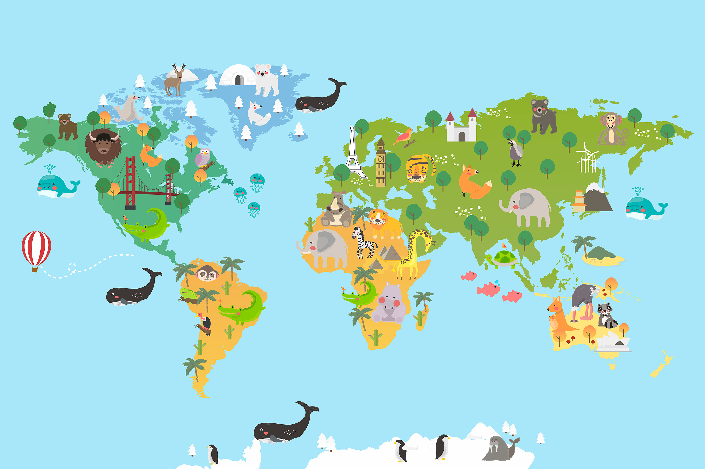 World map with landmarks and animals, a Background Graphic by rawpixel