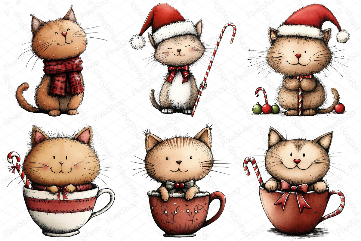 Watercolor Christmas Cats Clipart, an Illustration by DreamPrint404 (Photo 5 of 7)
