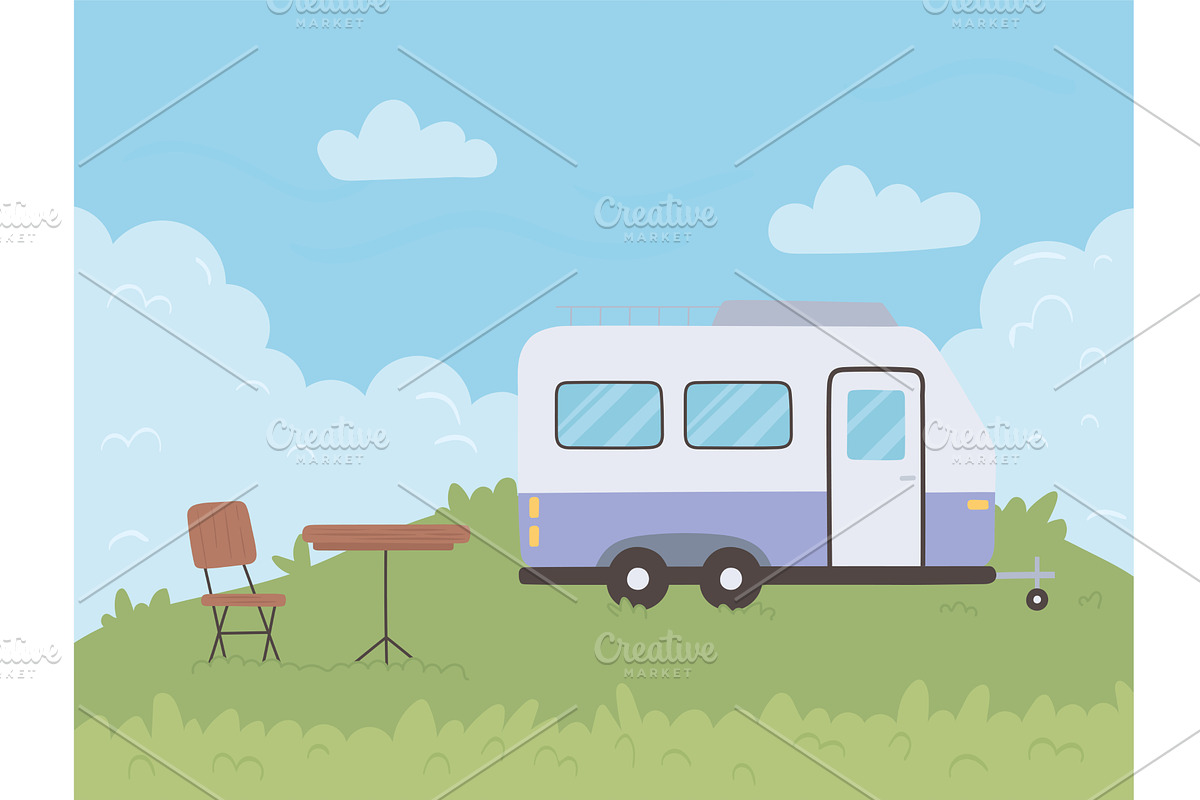 trailer in campsite, a Transportation Illustration by studiogstock
