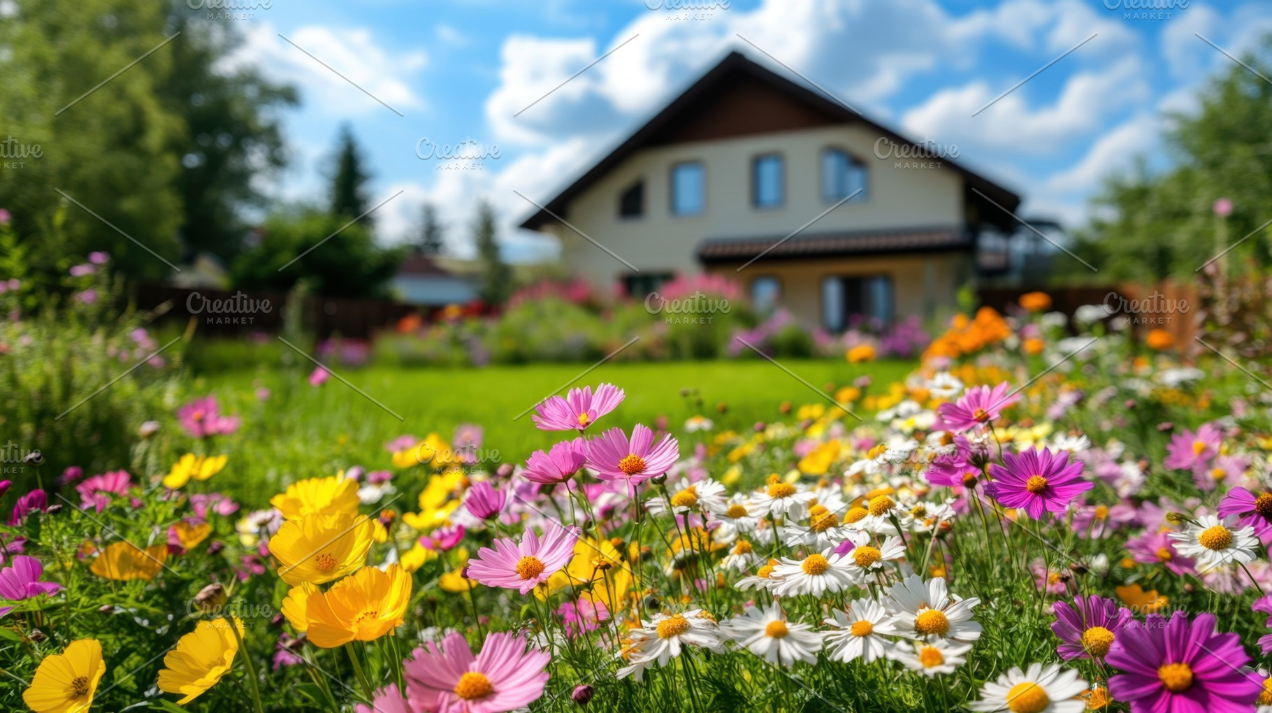 Colorful garden blooms near a house, a Photo by Beautiful things