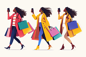 Three stylish women shopping with vibrant bags and modern fashion, a Photo by AS photostudio