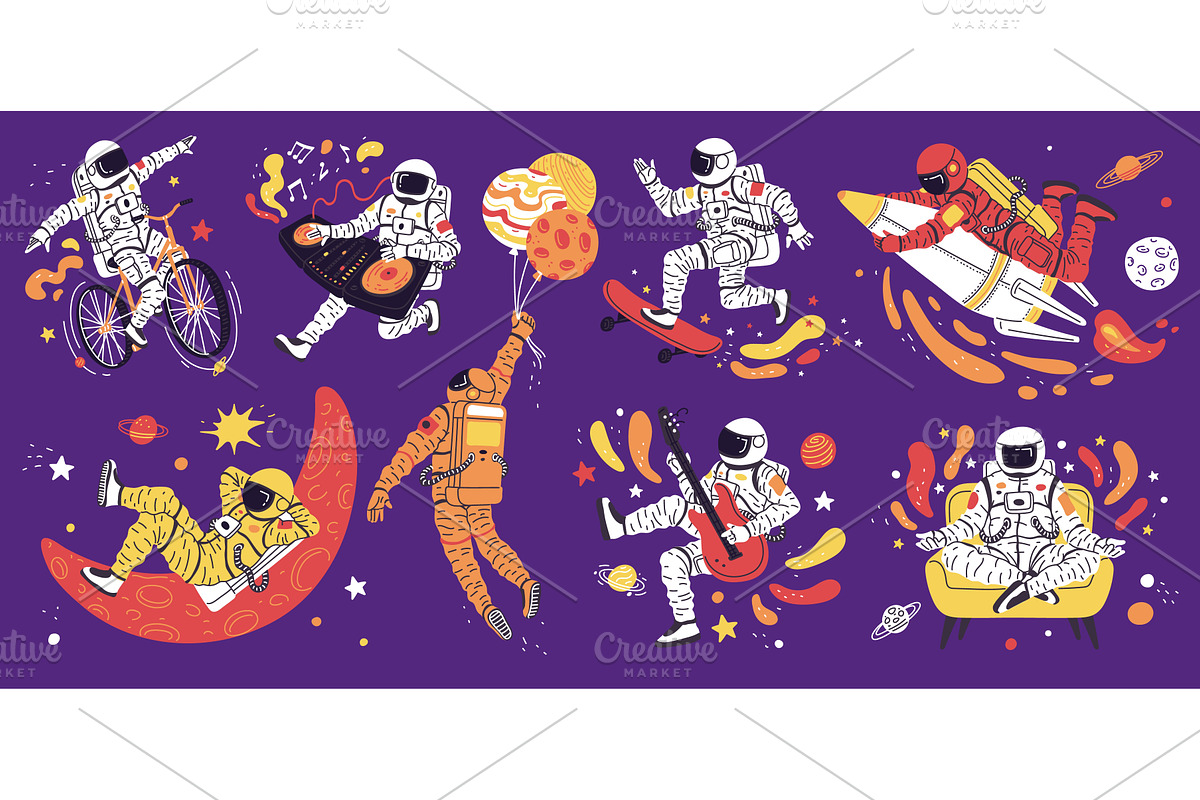 Vector set with astronauts sitting, an Illustration by Sabelskaya