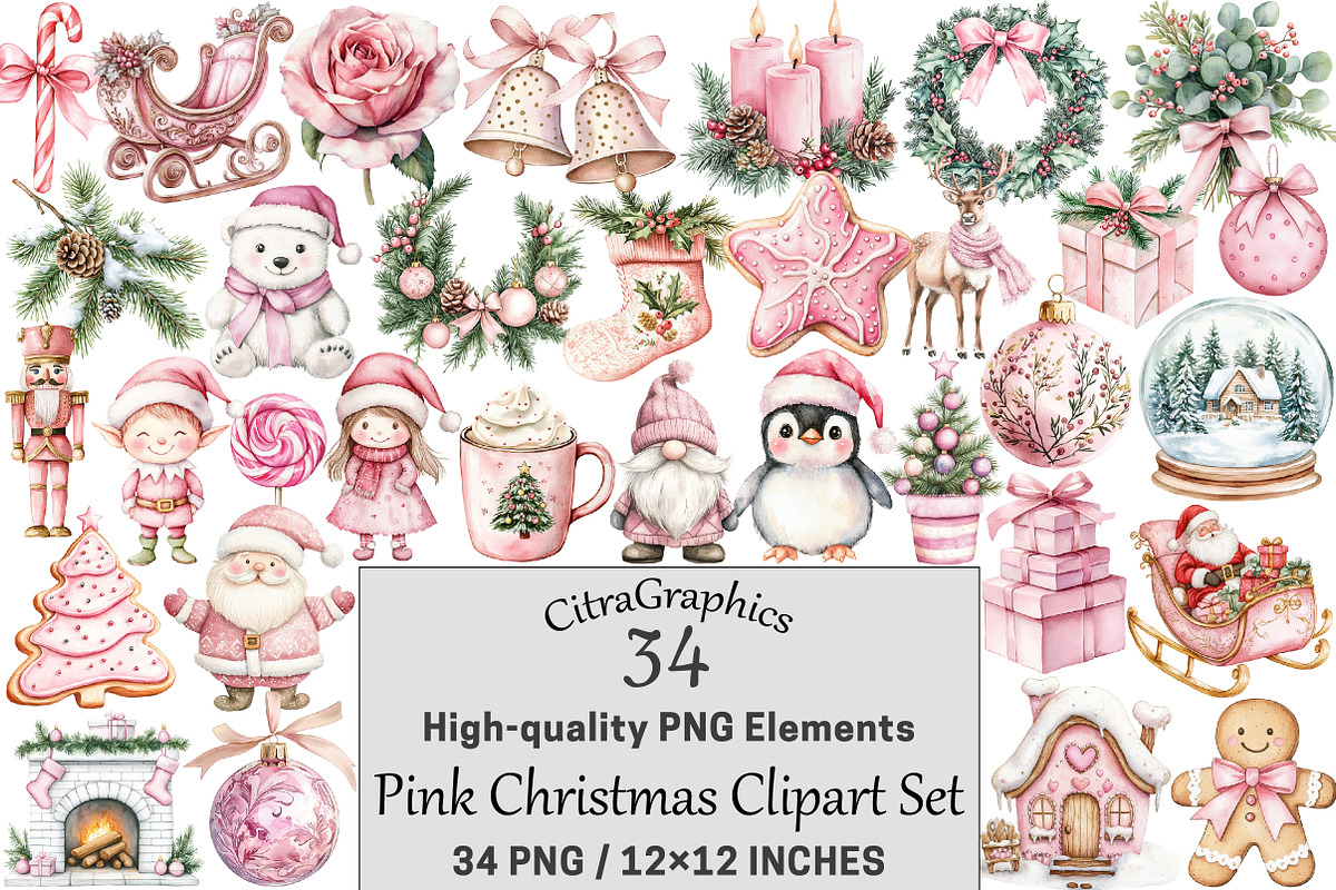 Pink Christmas Clipart Set, a Seasonal Illustration by CitraGraphics (Photo 1 of 5)