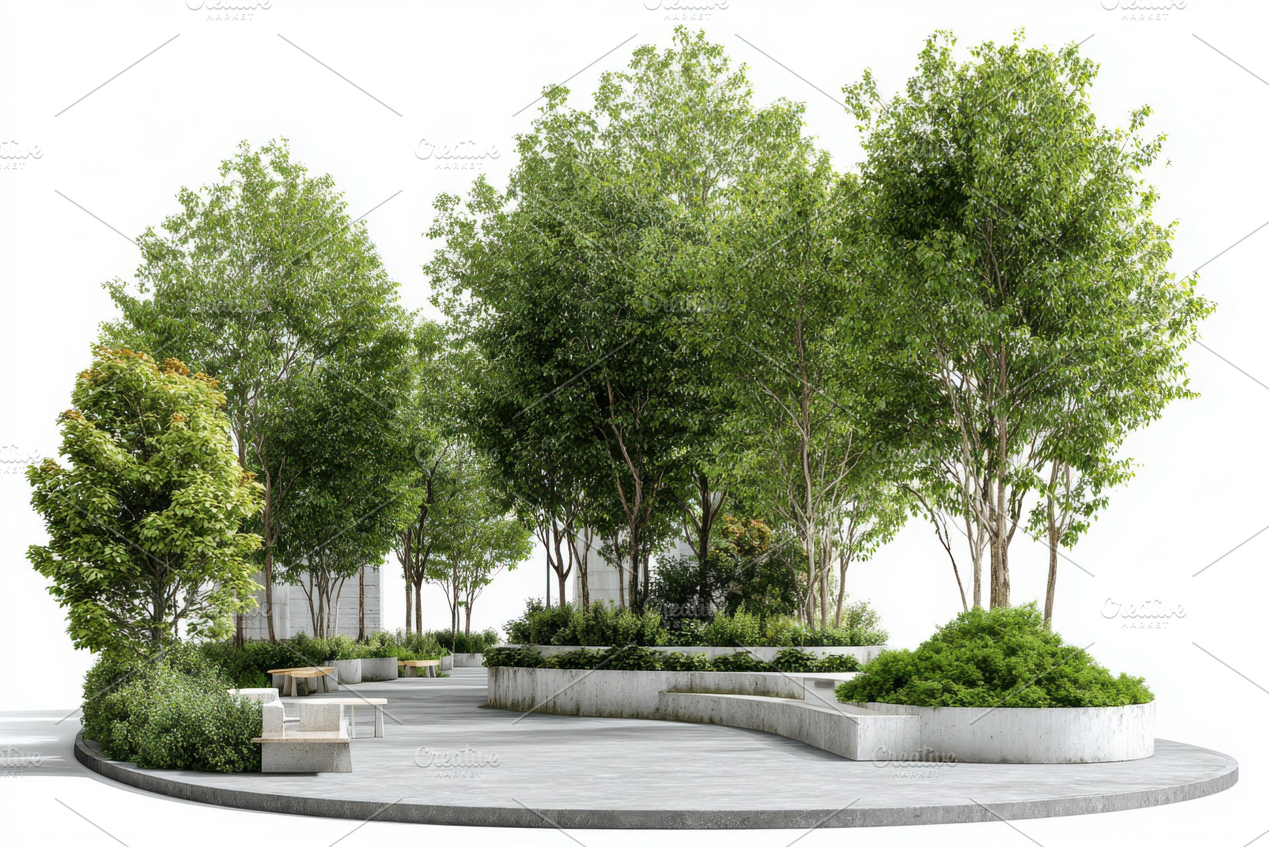 Modern park design green trees concr, a Photo by Pixeness Studio