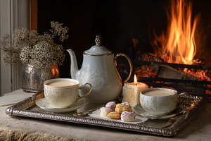 Hygge moment with hot tea, cookies, and a burning fireplace, cre, a Photo by Studio ANNA