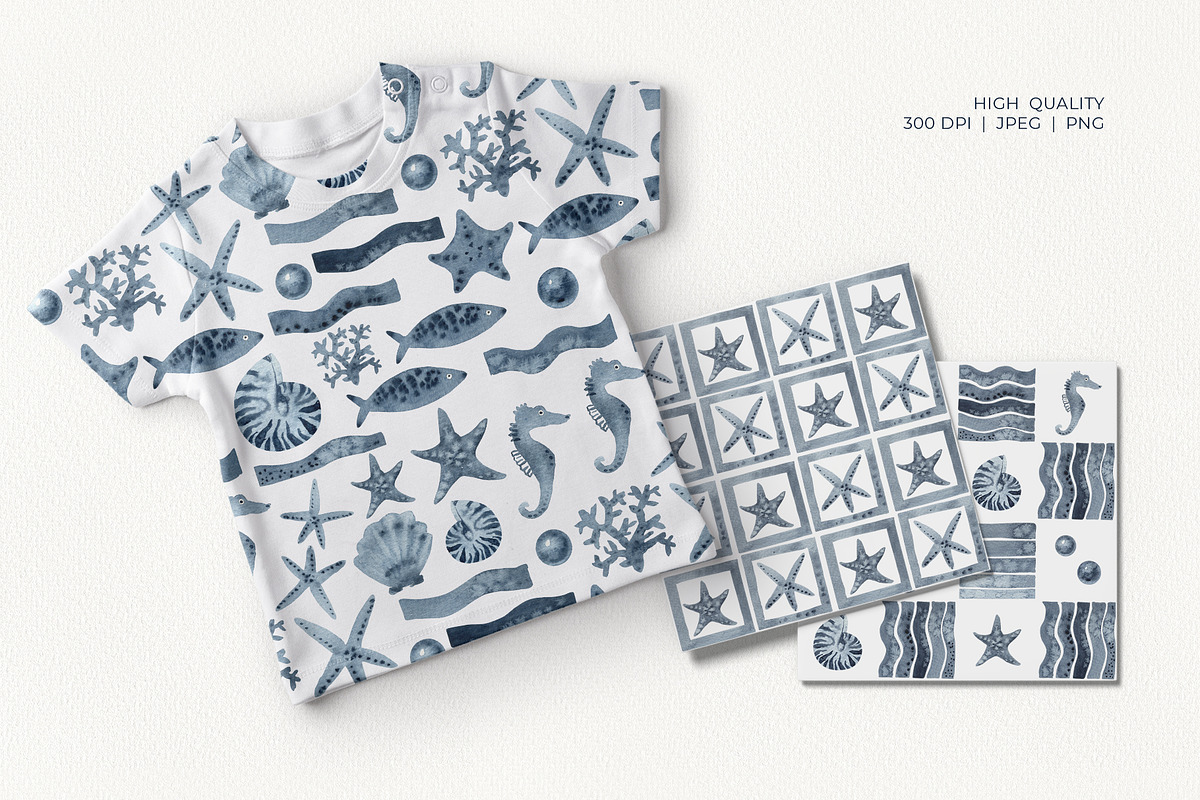 Indigo Sea Marine Watercolor Pattern, an Animal Illustration by YarovaArt (Photo 8 of 12)