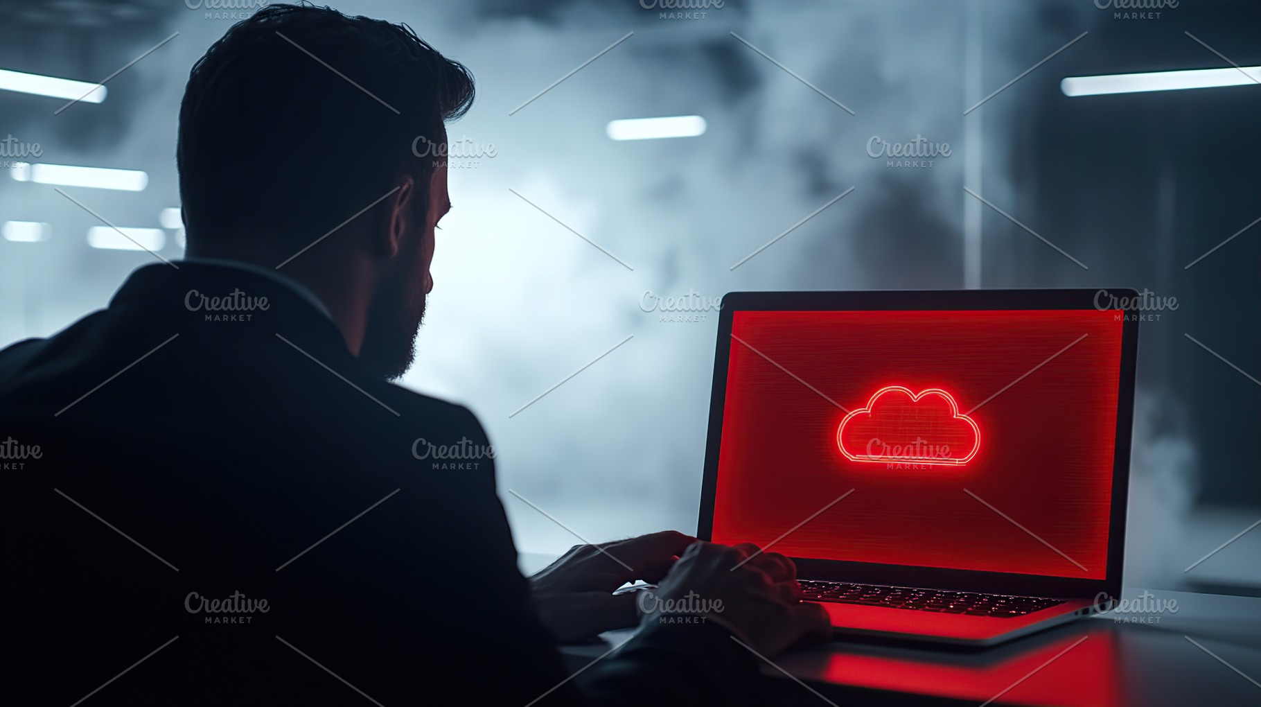 Programmer working on laptop after hack attack, cloud drive symbol, a Technology Photo by AlyaAnd