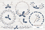 Navy Christmas Vector Holly Clipart, an Illustration by Amanda Ilkov (Thumbnail 1 of 5)