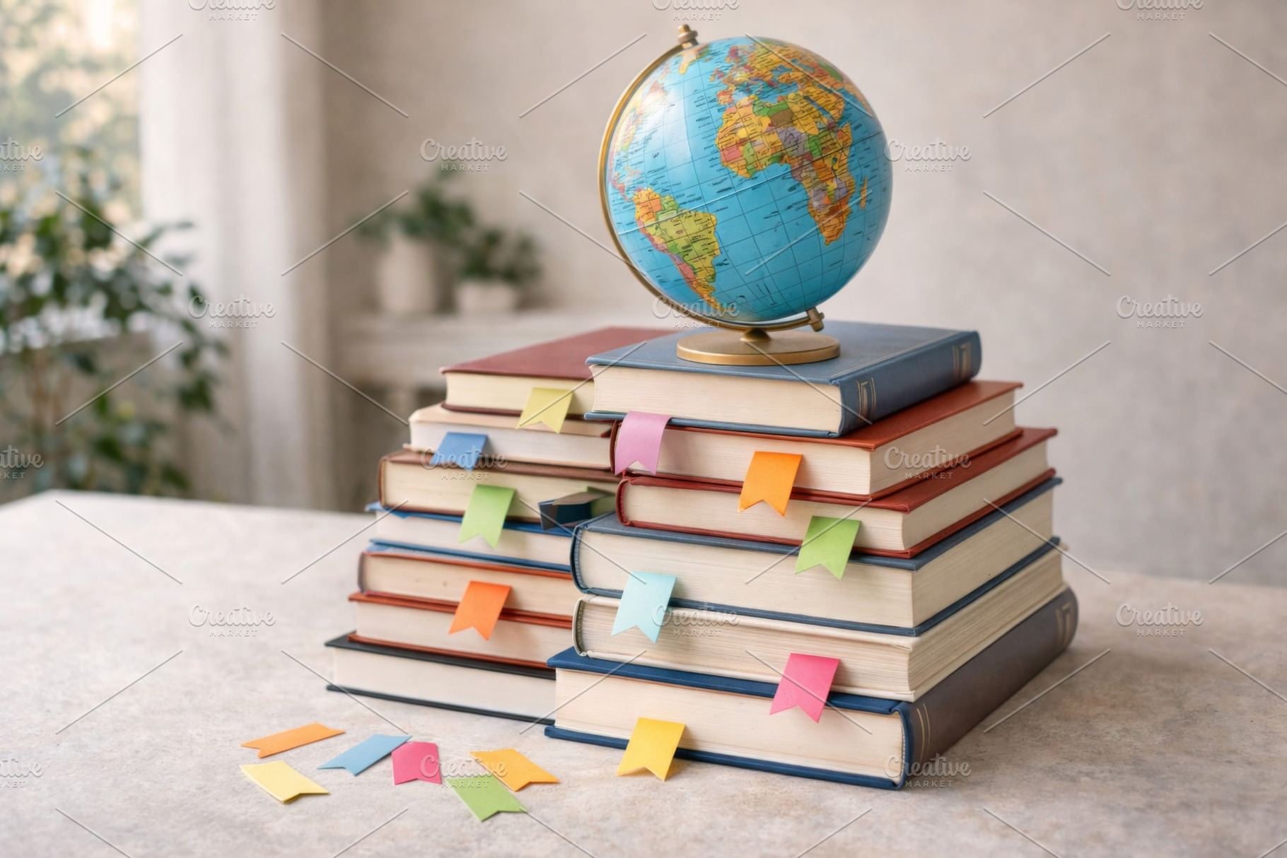 Stack of books with globe and colorf, a Photo by Dvoevnore photos