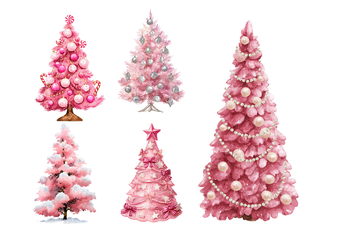 Watercolor Pink Christmas Tree Clipa, an Illustration by Designworld (Photo 4 of 5)