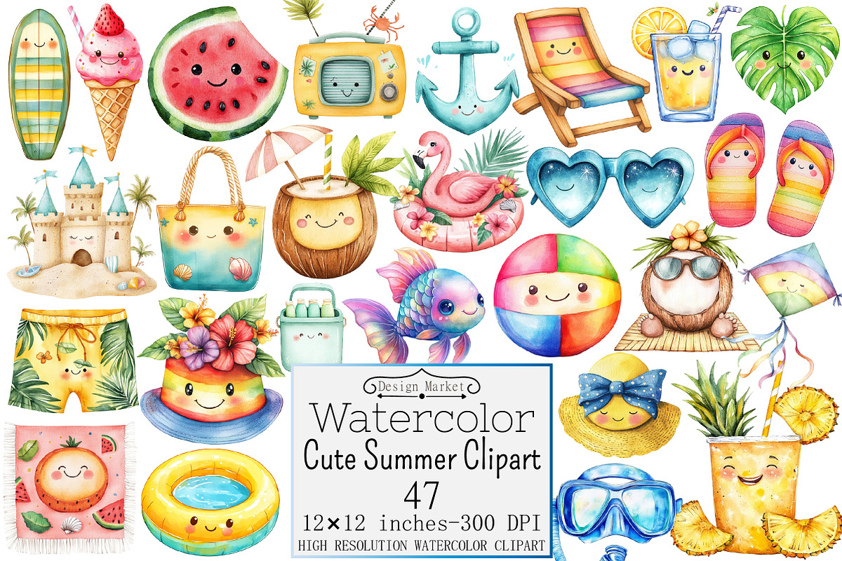 Watercolor Cute Summer Clipart, a Seasonal Illustration by Design Market (Photo 1 of 5)