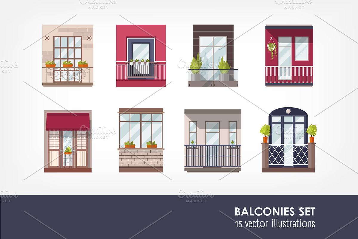 Building facade balconies set, a Decorative Illustration by Good Studio (Photo 1 of 3)