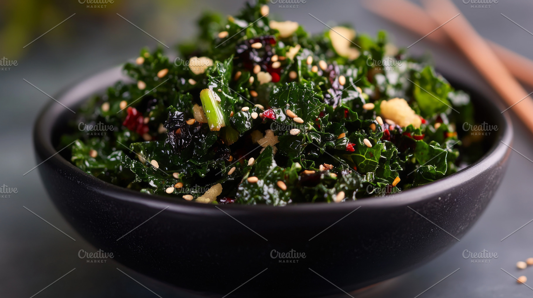 Kale salad with sesame seeds in black bowl, healthy food concept, a Photo by Dvoevnore photos