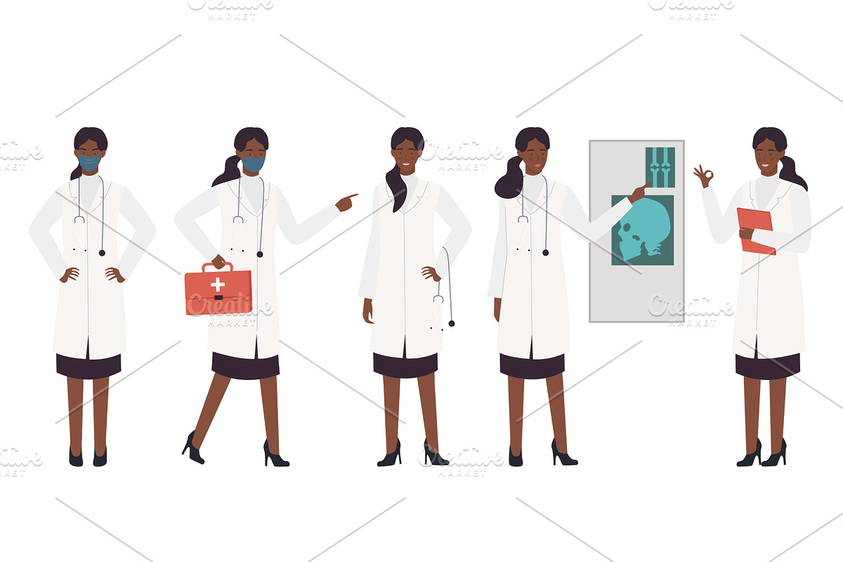 Afro Female Doctor in Various Poses, an Object Illustration by Flashvector