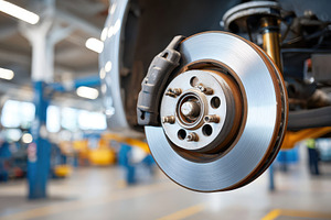 Car brake disc in auto repair shop, a Transportation Photo by AlyaAnd