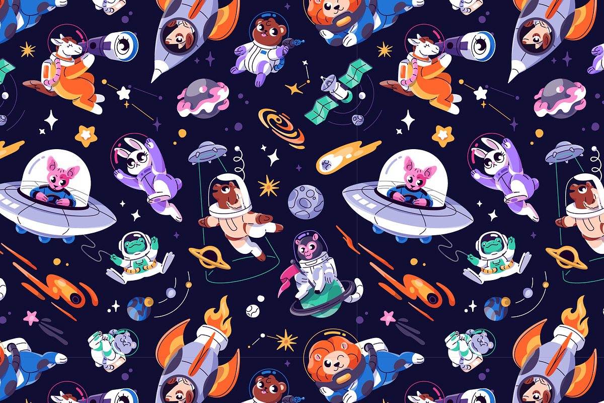 Cute animals astronauts in space set, an Animal Illustration by PaperTrident (Photo 4 of 6)