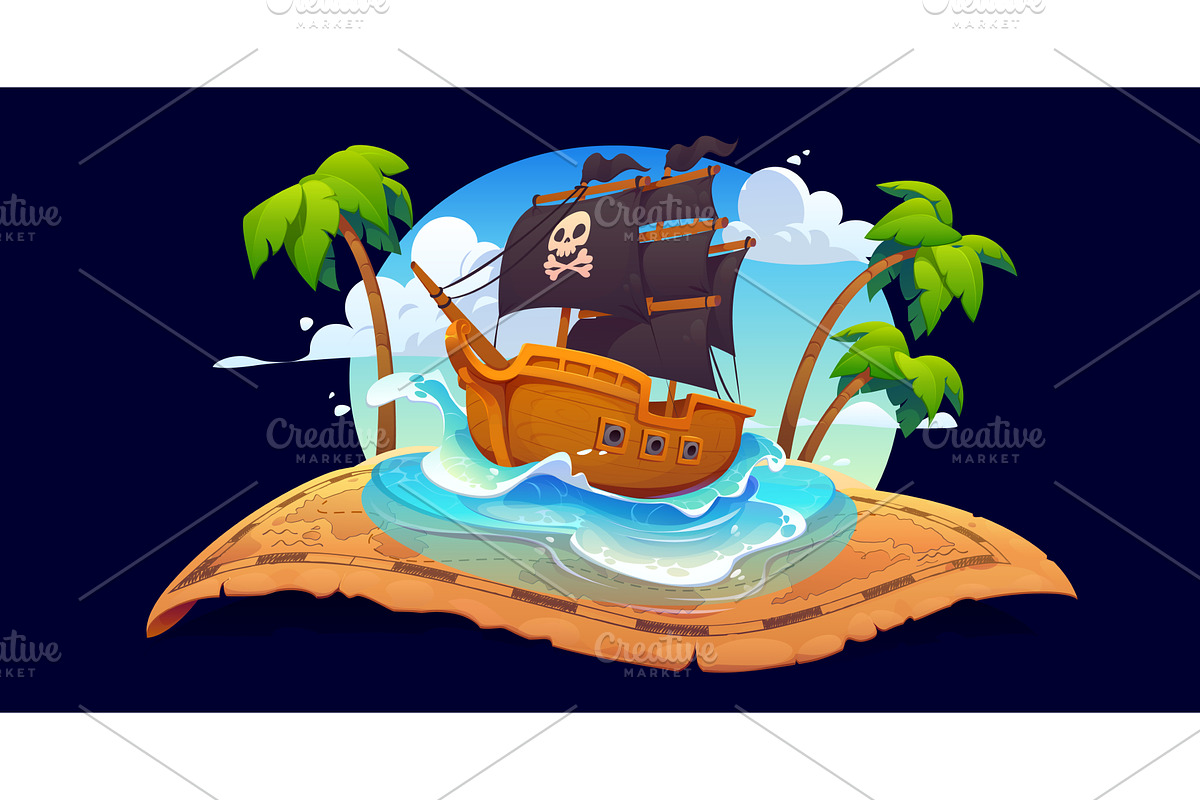 Pirate ship on treasure map, a Transportation Illustration by Vector Tradition