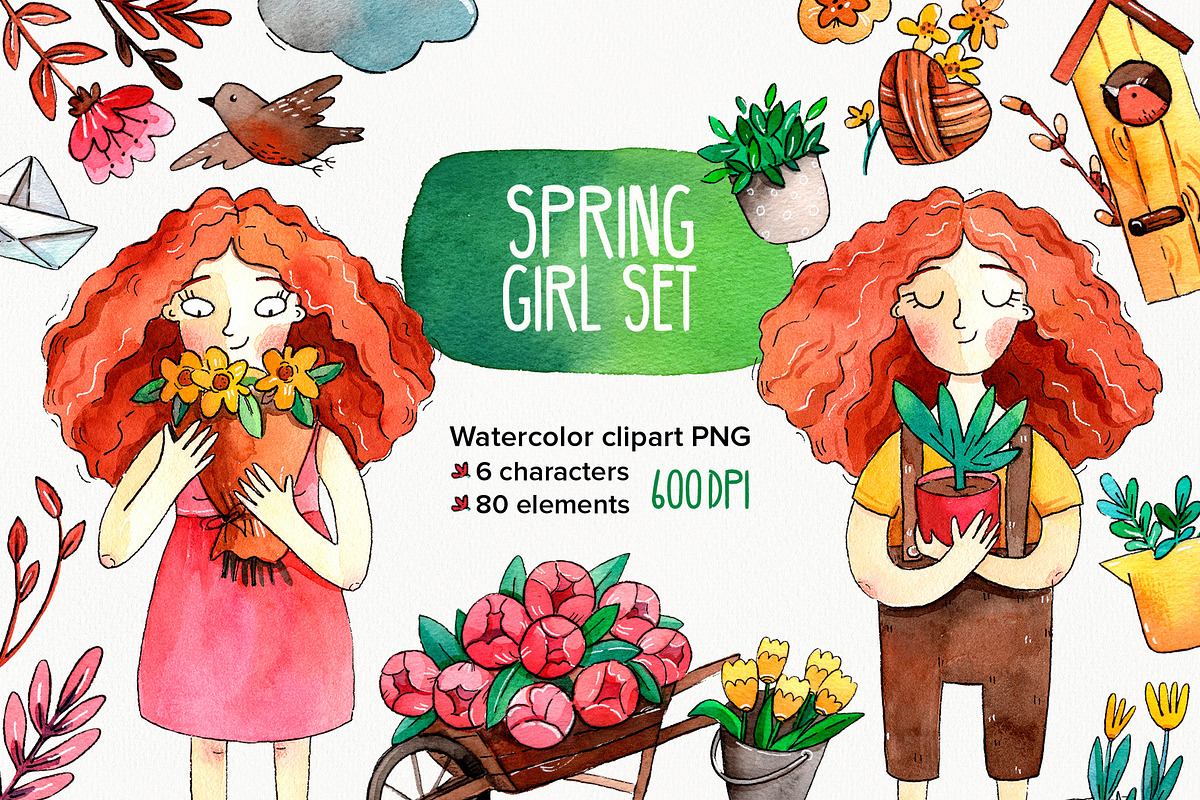 Spring Girl watercolor clipart set, a Decorative Illustration by Ekaterina Goncharova (Photo 1 of 4)