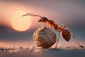 Ant pushing rock sunset background h, a Photo by Pixeness Studio