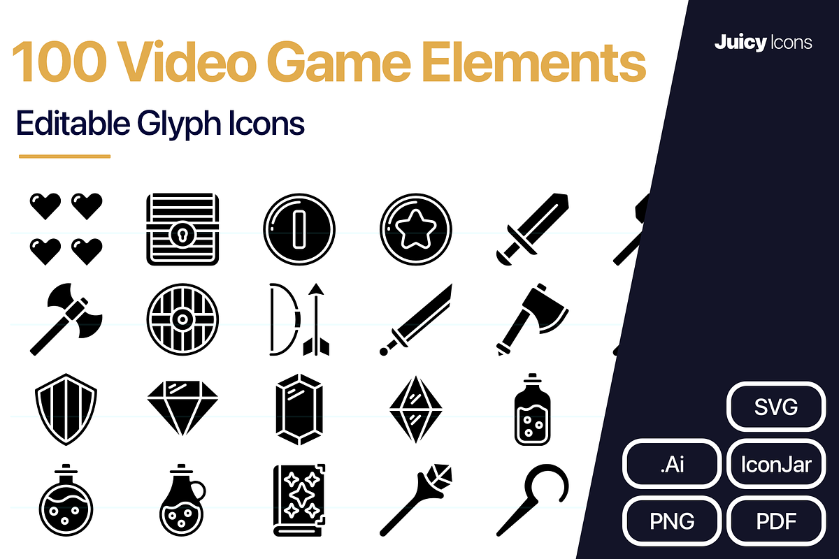 100 Video Game Elements Glyph Icons, an Outline Icon by Juicy Icons (Photo 1 of 6)