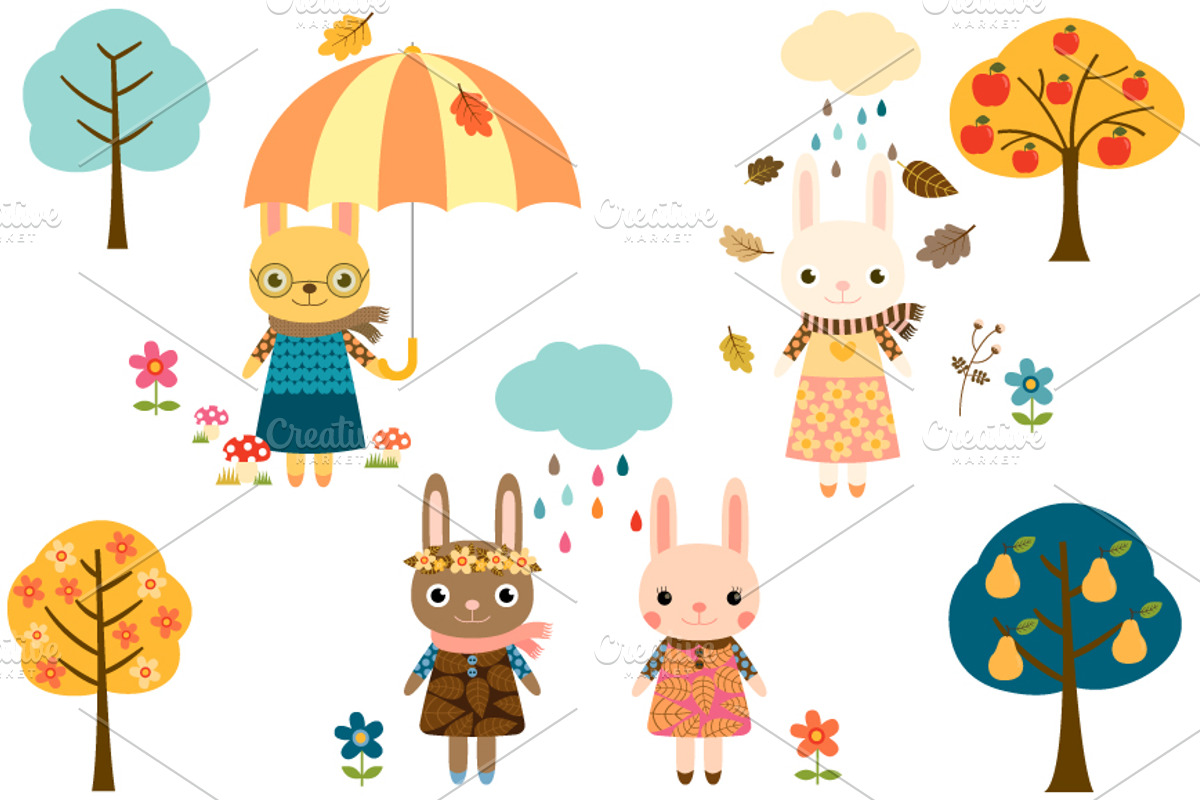 Cute autumn bunnies clipart, a Decorative Illustration by Pravokrugulnik (Photo 1 of 2)