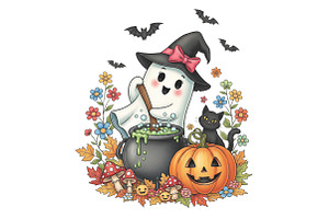Halloween Ghost Stir the Pot Fall, an Illustration by CraftArtStudio