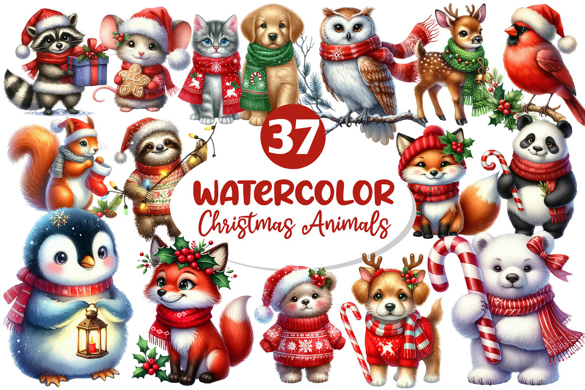 Christmas Cute Animals Clipart, an Illustration by Dream Creation (Photo 1 of 7)