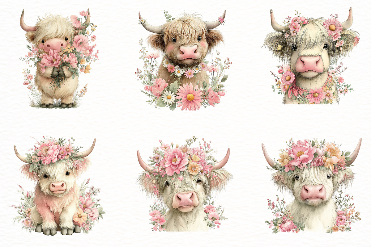 Whimsical Summer Highland Cow Clipar, an Illustration by Designworld (Photo 4 of 8)