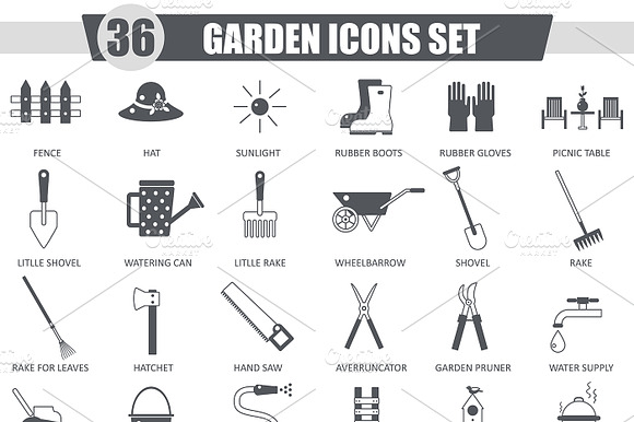 36 Garden Tools Black Icon Set.