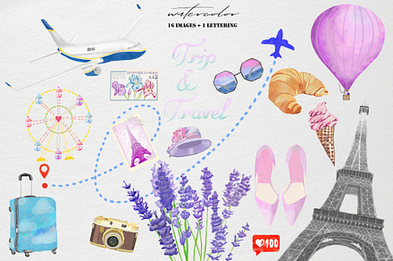 Trip &travel watercolor clip art set