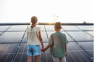 Siblings on roof with solar panels, a Technology Photo by HalfPoint