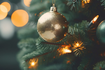 Shiny Golden Christmas Ornament on Glowing Tree, a Holiday Photo by Iconogenic