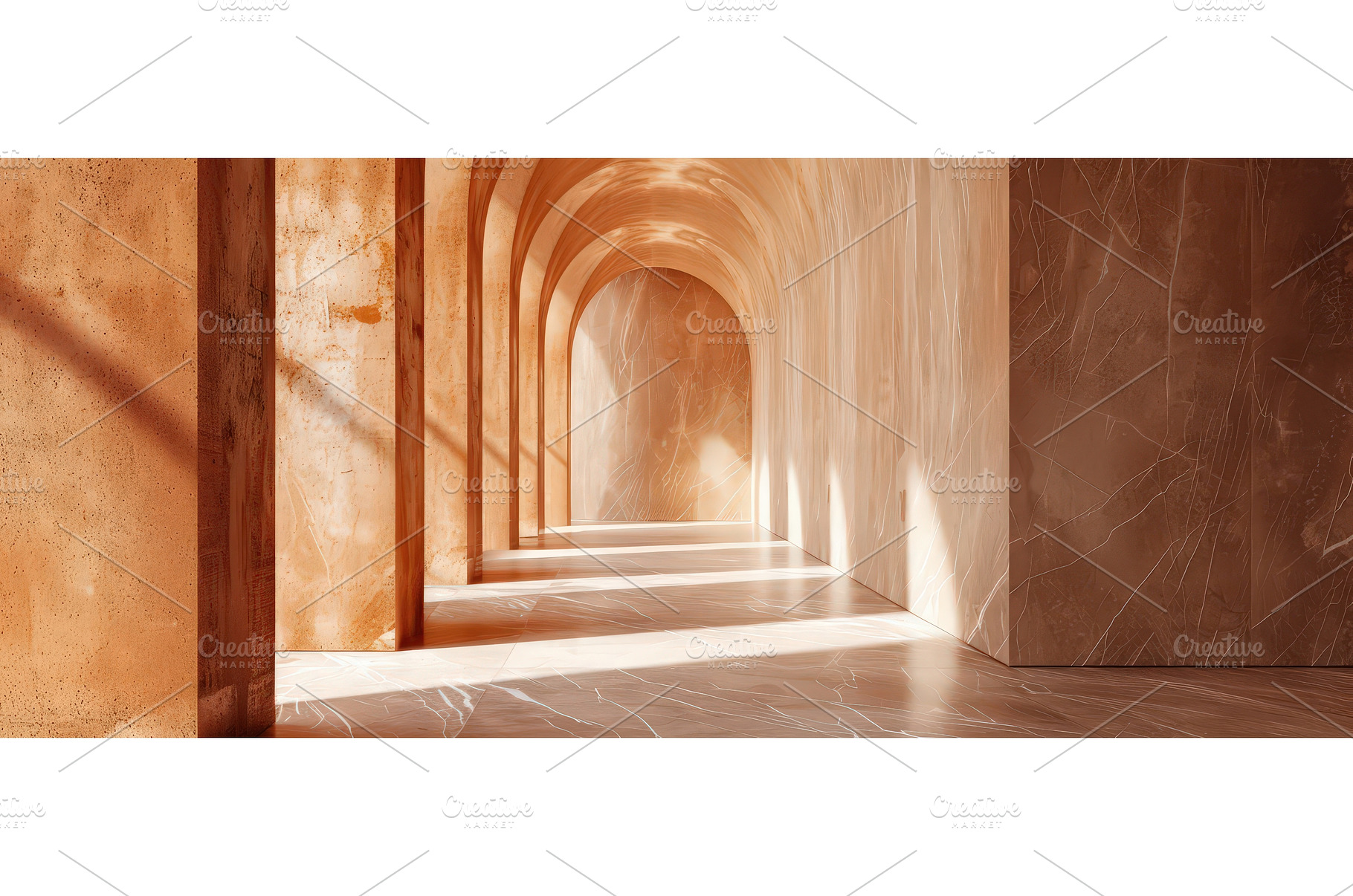 Sunlit terracotta hallway with, an Architecture Photo by piter.goskov