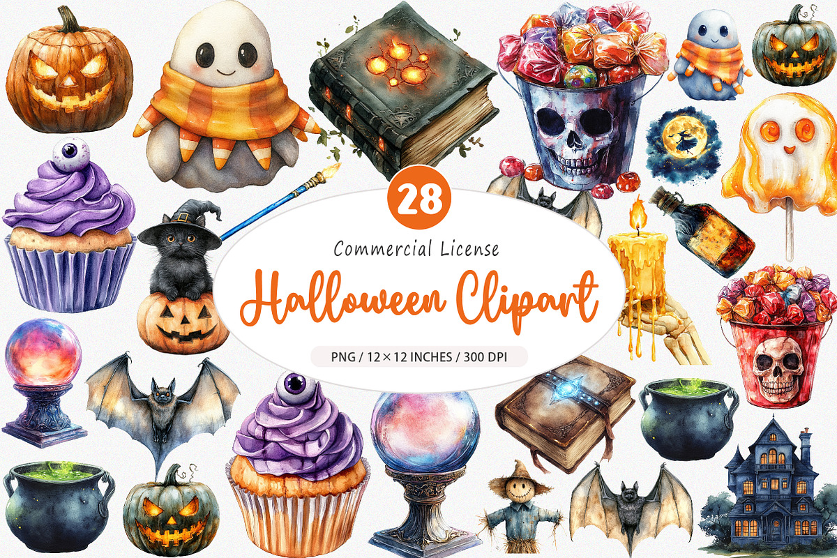 Watercolor Pumpkin Halloween Clipart, an Illustration by SinaCreation (Photo 1 of 5)