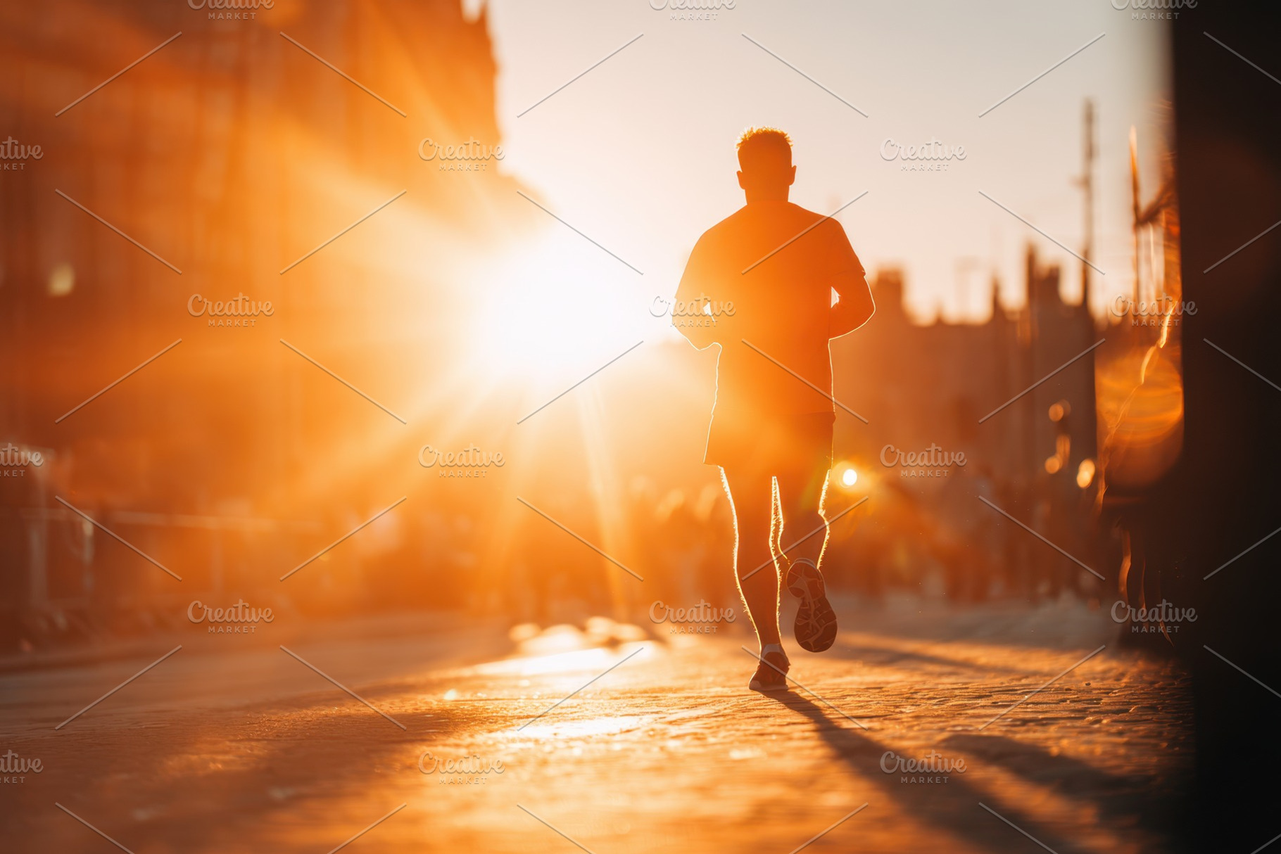 Runner silhouette at sunset on city street, a Sports & Recreation Photo by AlyaAnd